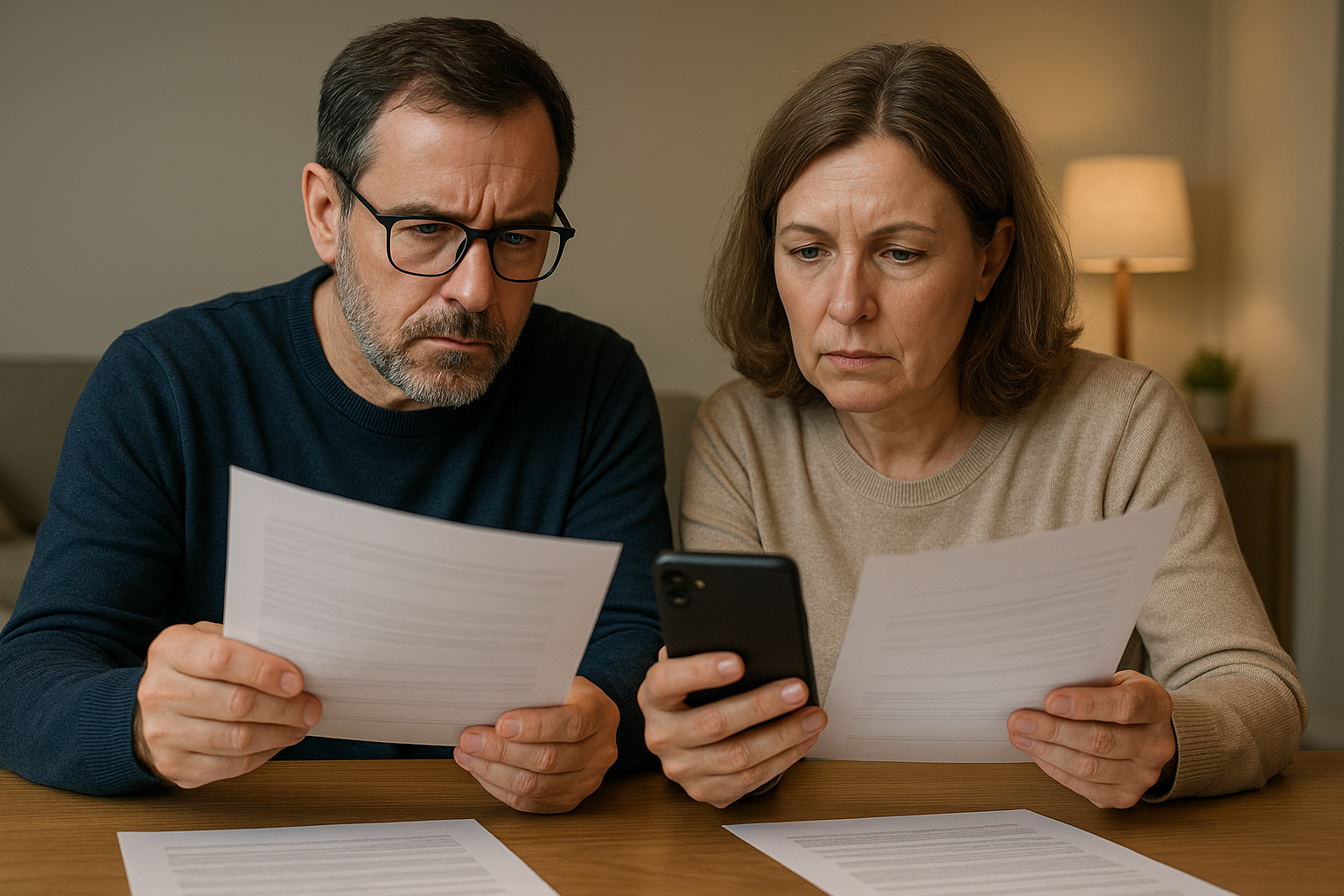 Casal adulto analisando papéis e smartphone lado a lado em ambiente aconchegante, expressos concentrados na comparação, 