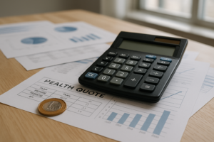 Calculadora e documentos de cotação de preços de planos de saúde com moedas sobre mesa